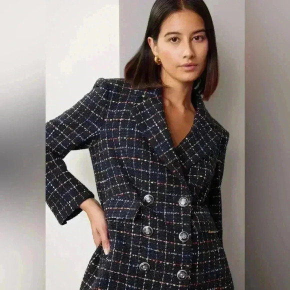 Veronica Beard Rumer Dickey Blazer Jacket 10 Tweed Double Breasted Navy Check - Picture 2 of 16
